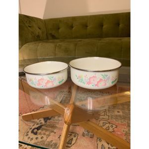 Vintage White Metal Bowl Set with Floral Pattern and Silver Rim - Set of 2